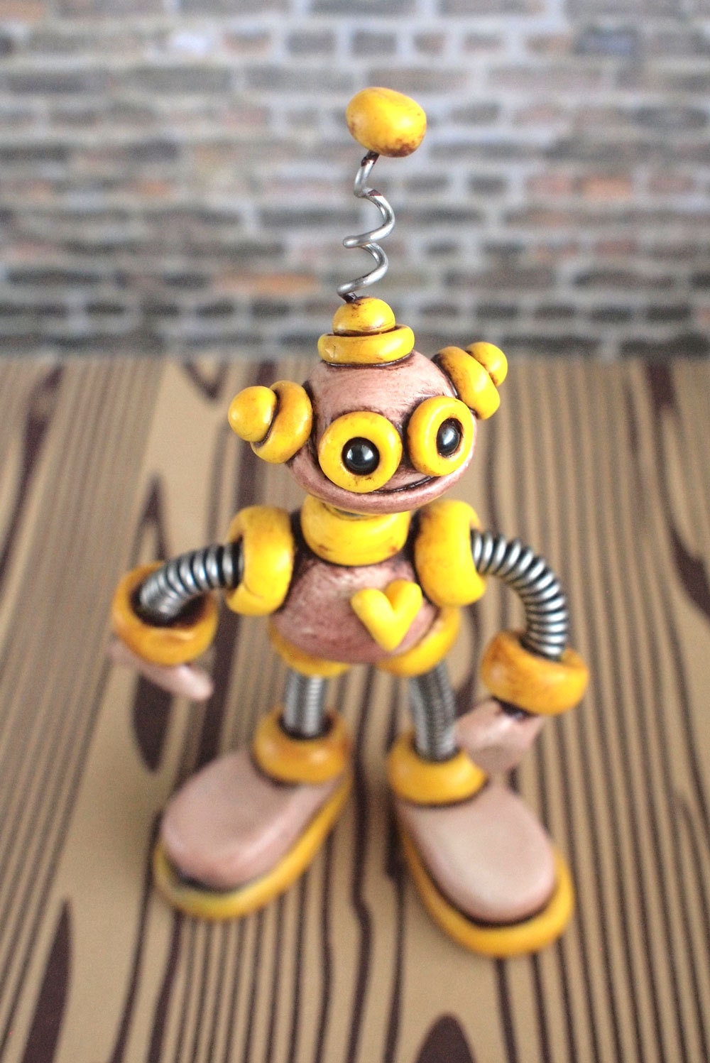 Yellow Yars Grungy Bot - Steals Candy - Mini Robot Sculpture - Clay, Paint, Wire