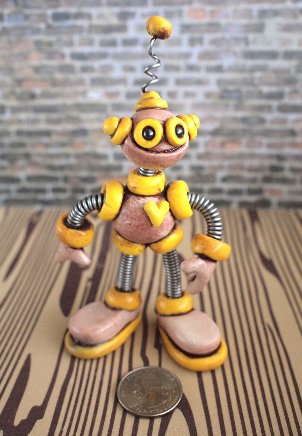 Yellow Yars Grungy Bot - Steals Candy - Mini Robot Sculpture - Clay, Paint, Wire