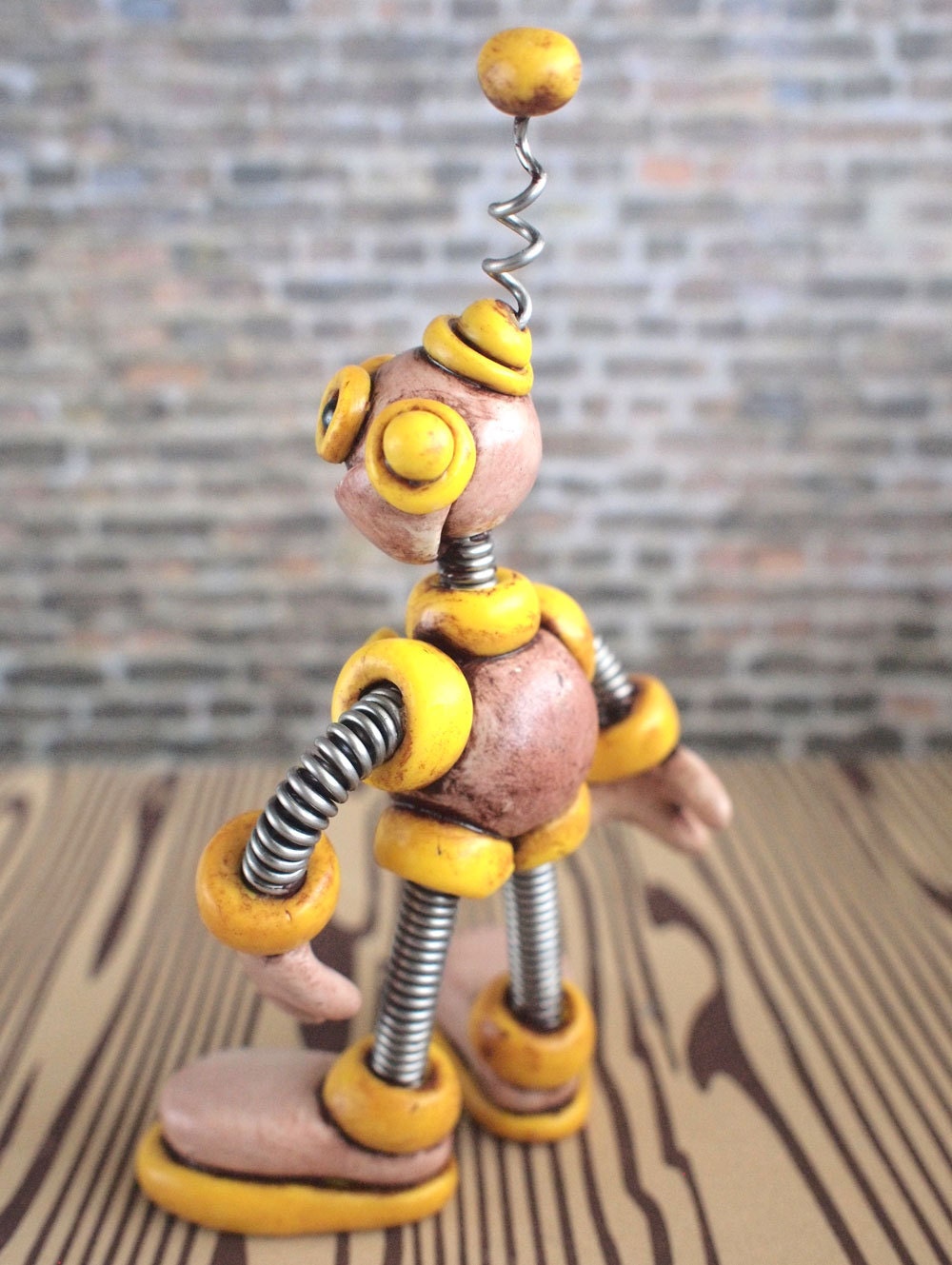 Yellow Yars Grungy Bot - Steals Candy - Mini Robot Sculpture - Clay, Paint, Wire