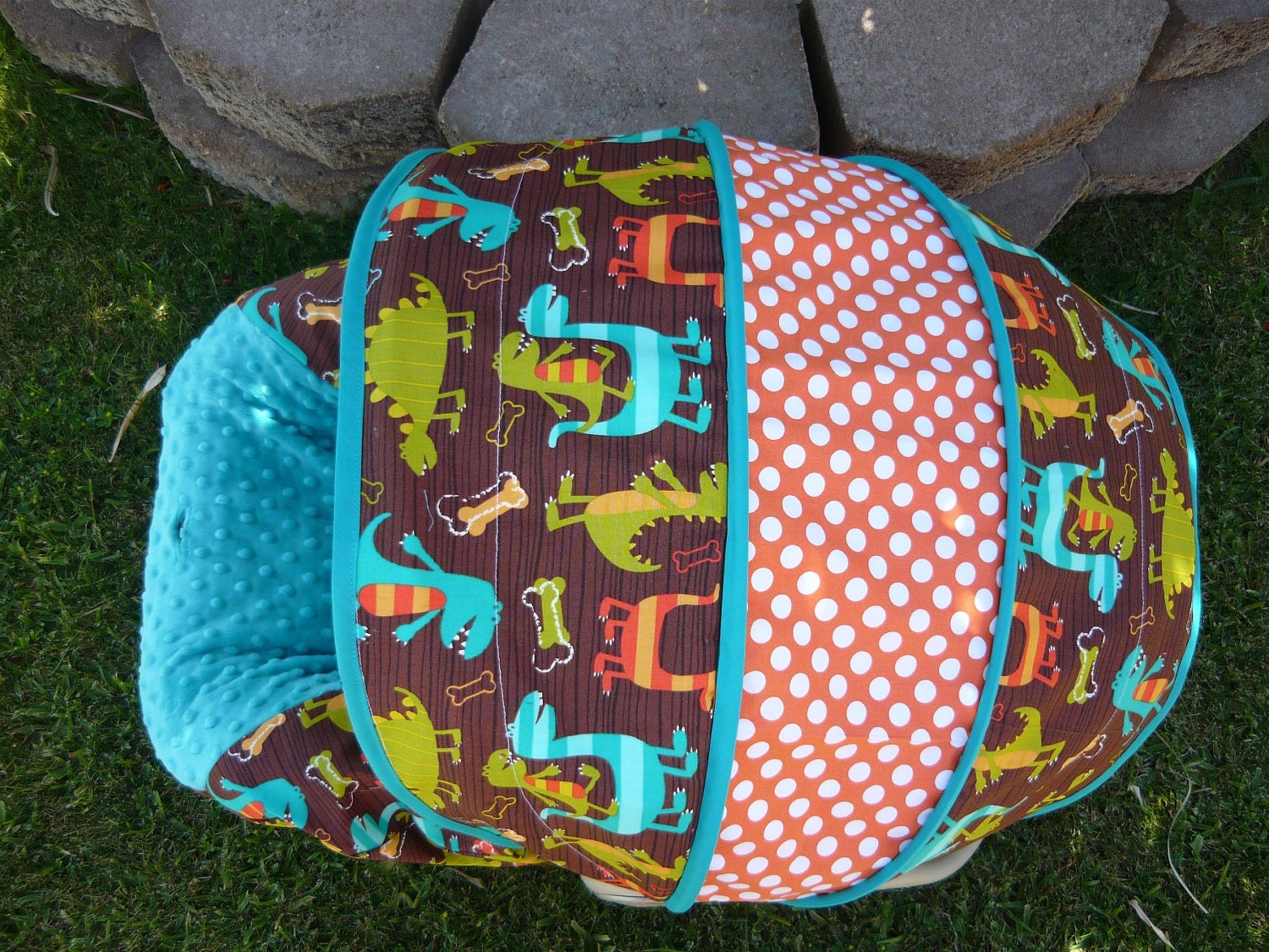 Dino Dudes with Tangerine Ta Dot Infant Car Seat Cover --- Moves To Toddler
