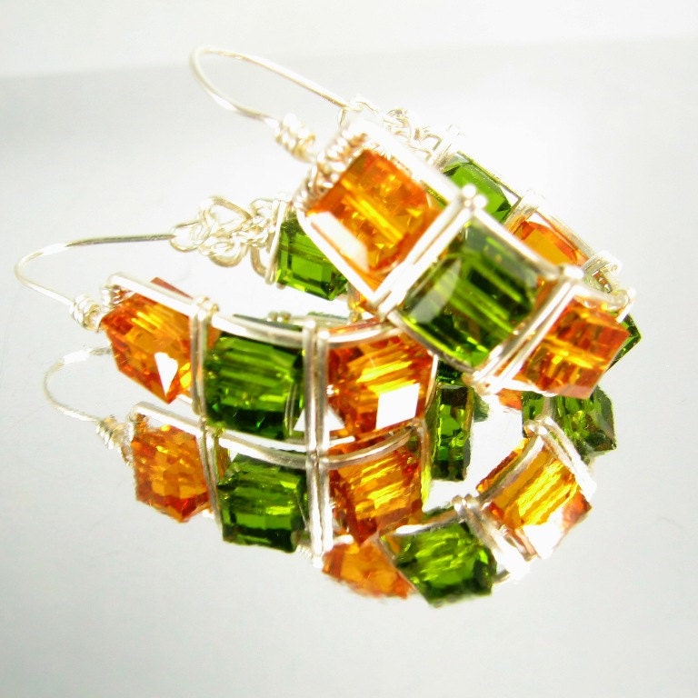 Cubic Splendor wire wrapped Earrings in Amber and Olive