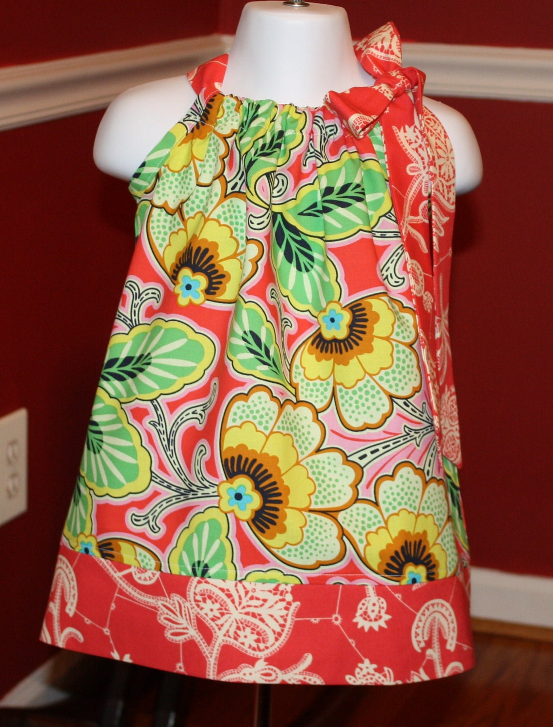 baby girl toddler Pillowcase Dress girls dresses amy butler lark persimon coral pink green yellow by blakeandbailey