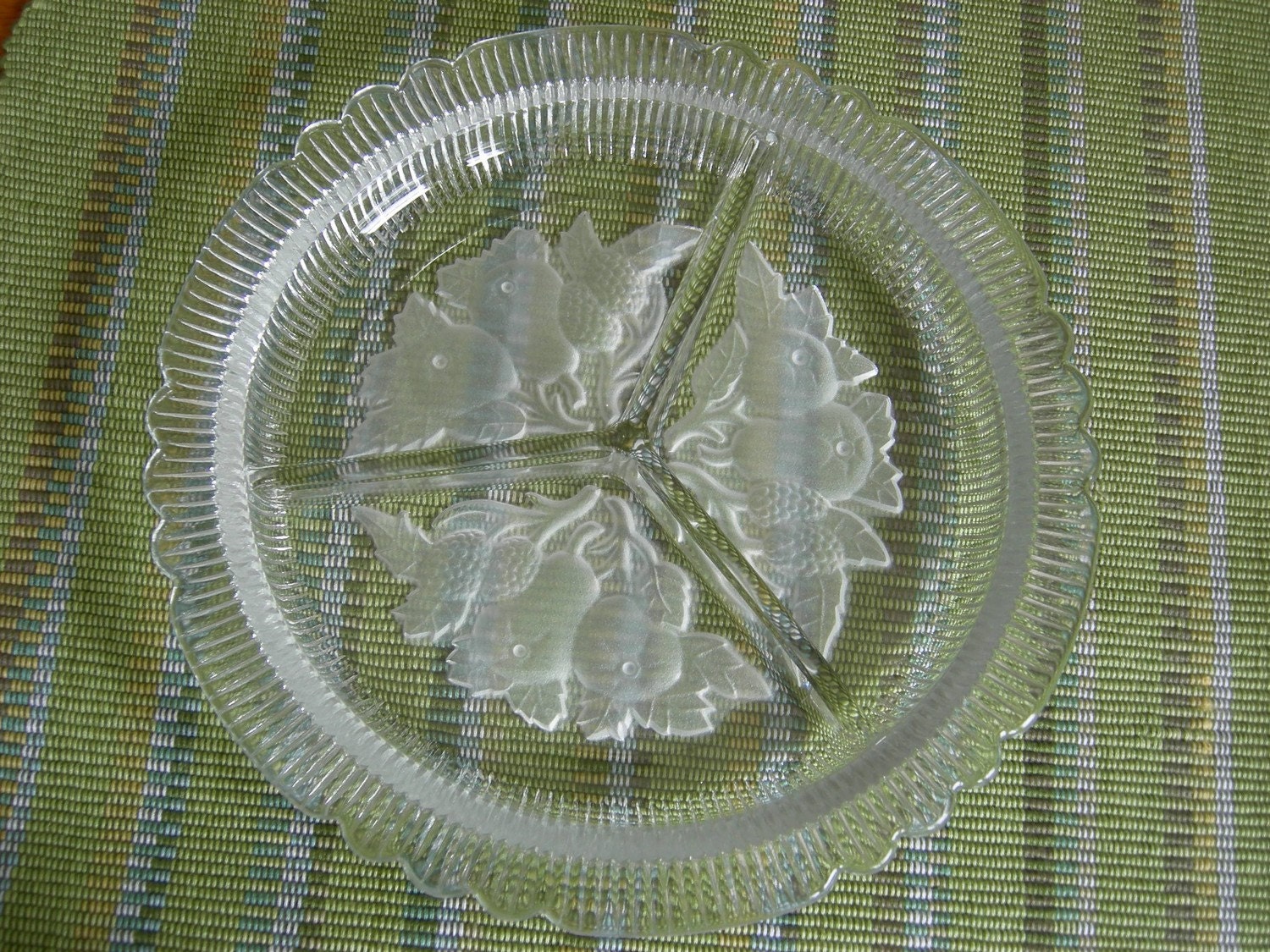 Vintage Imperial Glass 3-Section Relish Dish w/ Intaglio Frosted Fruit Design - 1930s