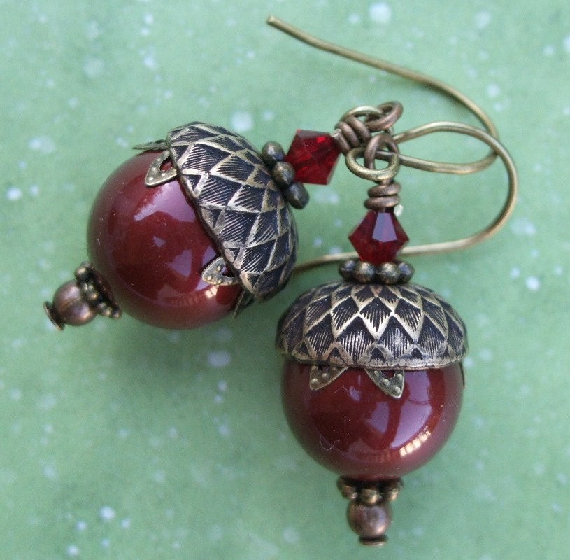 Bordeaux Swarovski pearl with acorn bead cap earrings