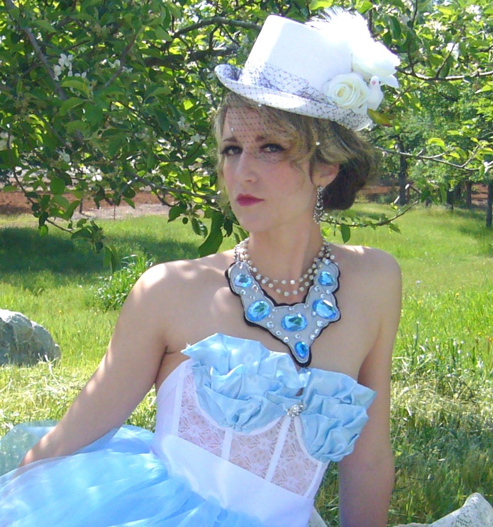 Tea Party Blue Ruffled Lace Bustier Top with Rhinestone Brooch MADE TO ORDER