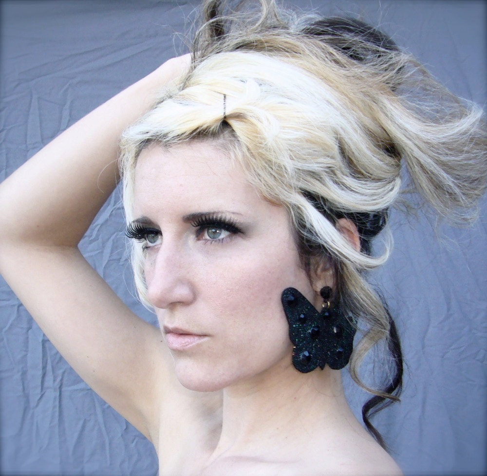 Black Butterfly Earrings in Eco Felt with Black Rhinestones and Glitter