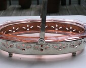 Depression Glass Pink Relish Server in Silver Handled Pierced Basket