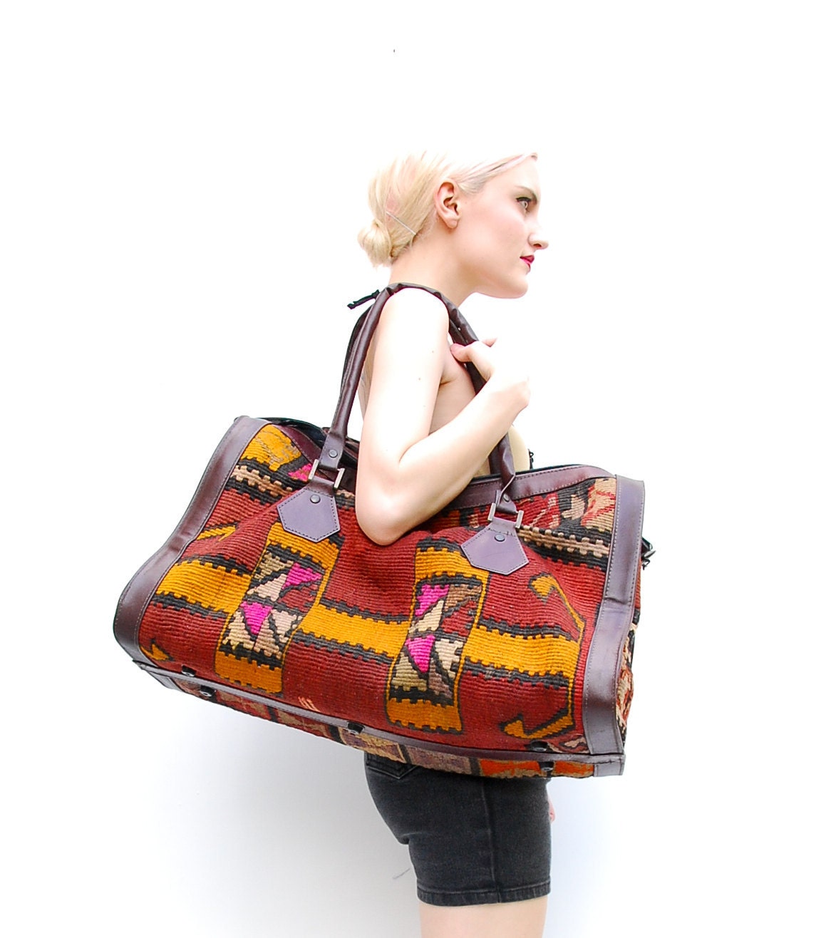 RESERVED Vintage Turkish Kilim Weekender Bag - Navajo Weekender - Oversized Leather Bag - Woven Southwestern Tapestry Bag