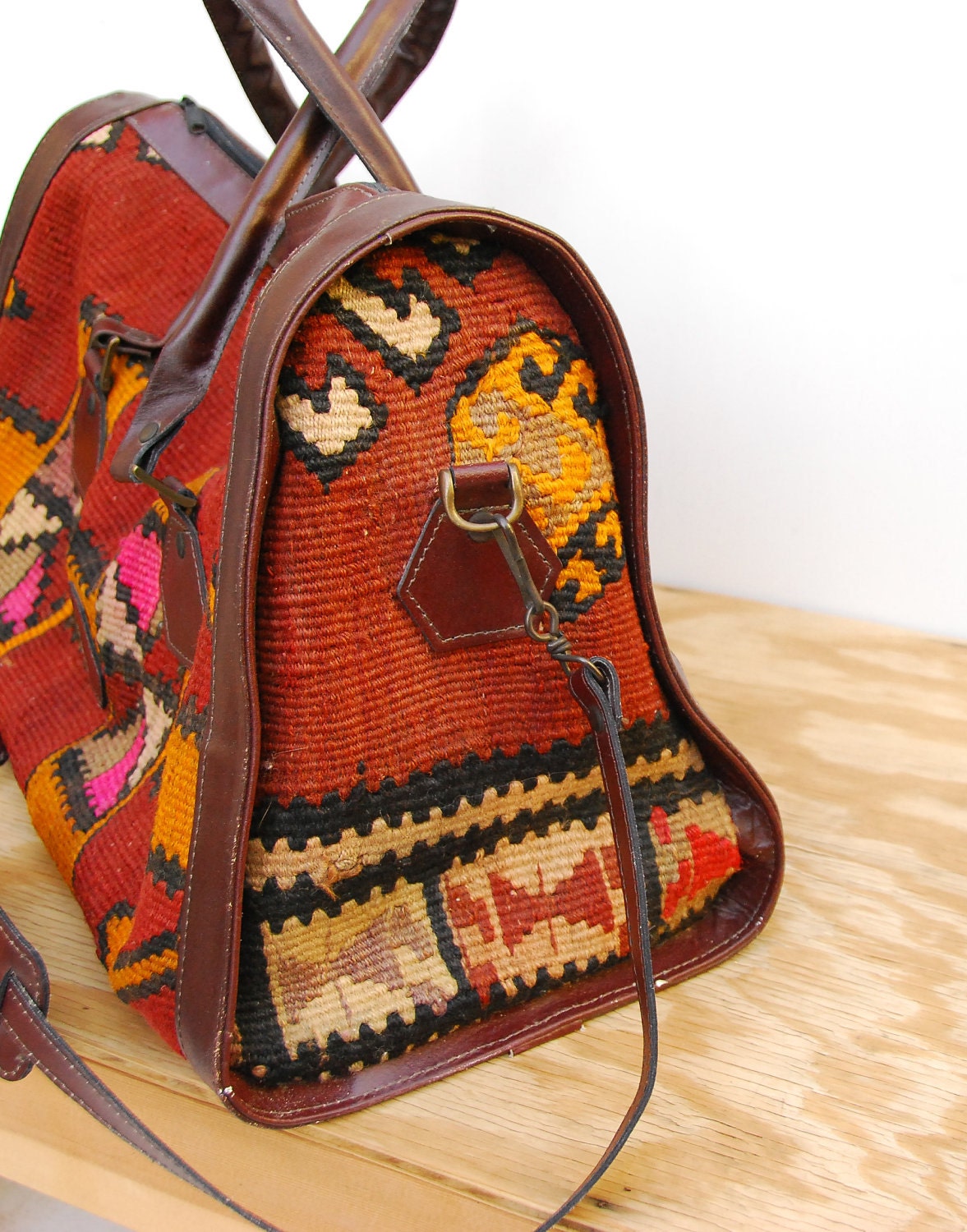 RESERVED Vintage Turkish Kilim Weekender Bag - Navajo Weekender - Oversized Leather Bag - Woven Southwestern Tapestry Bag