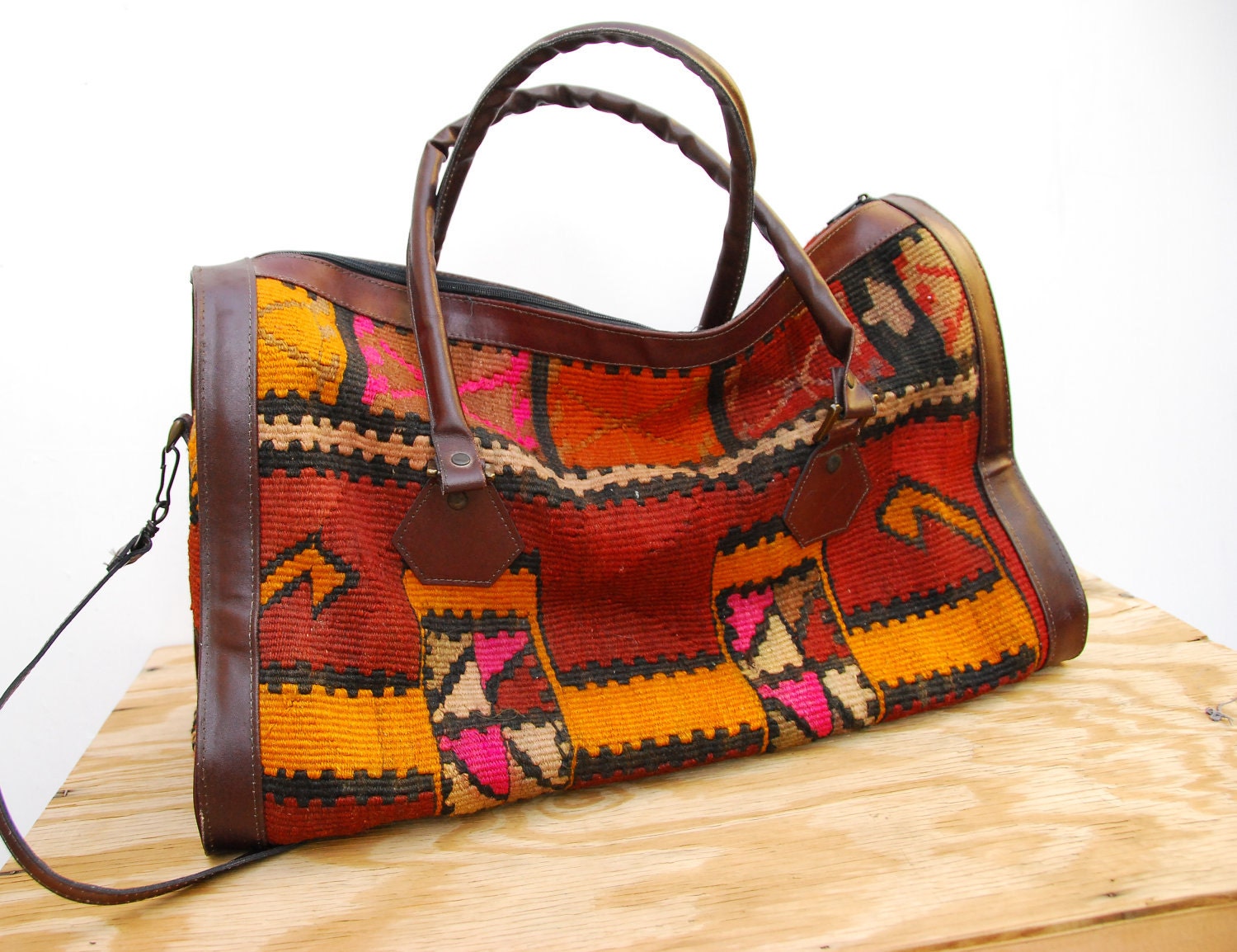RESERVED Vintage Turkish Kilim Weekender Bag - Navajo Weekender - Oversized Leather Bag - Woven Southwestern Tapestry Bag