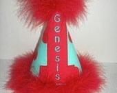Birthday Party Hat Aqua With Red Polka Dots for Girls