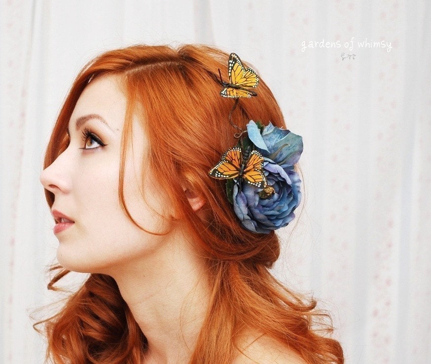 Butterfly hair clip, blue rose hair pin, hair accessory - Blue Skies