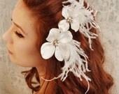Wedding flower combs, ivory wedding hairpiece, feather comb set, hair accessories - Nostalgia