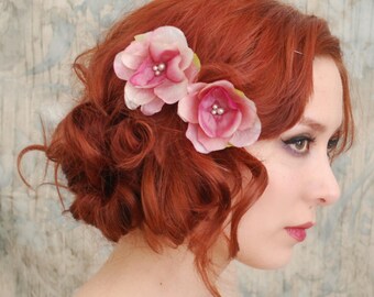 Flower bobby pins, pink floral clip set, bridal hair pins, bridesmaid hair accessories - First blush