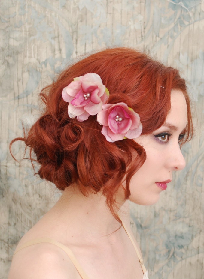 Flower bobby pins, pink floral clip set, wedding clips, bridal hair pins, hair accessories - First blush