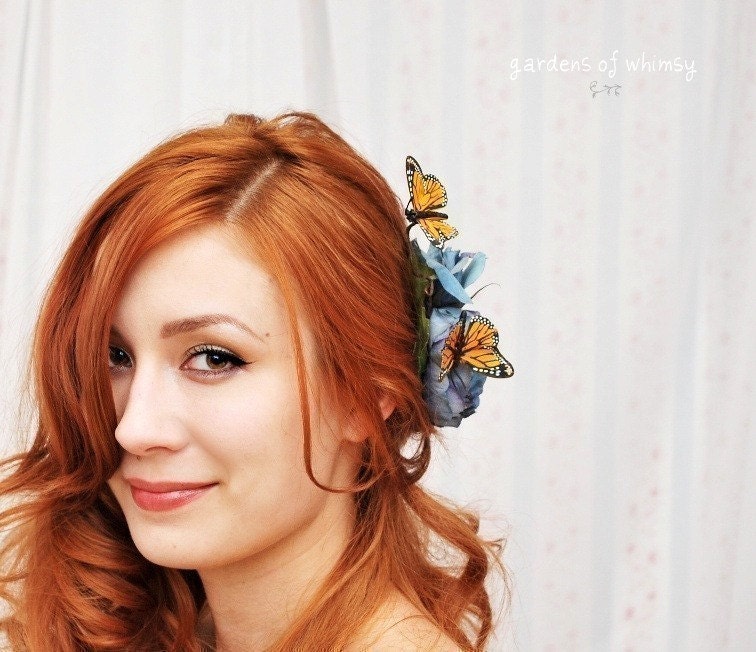 Butterfly hair clip, blue rose hair pin, hair accessory - Blue Skies