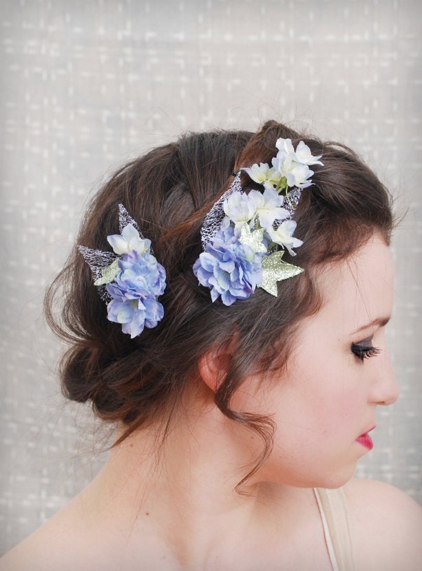 Blue flower clips, periwinkle floral clip set, wedding hair accessory - Fairytale