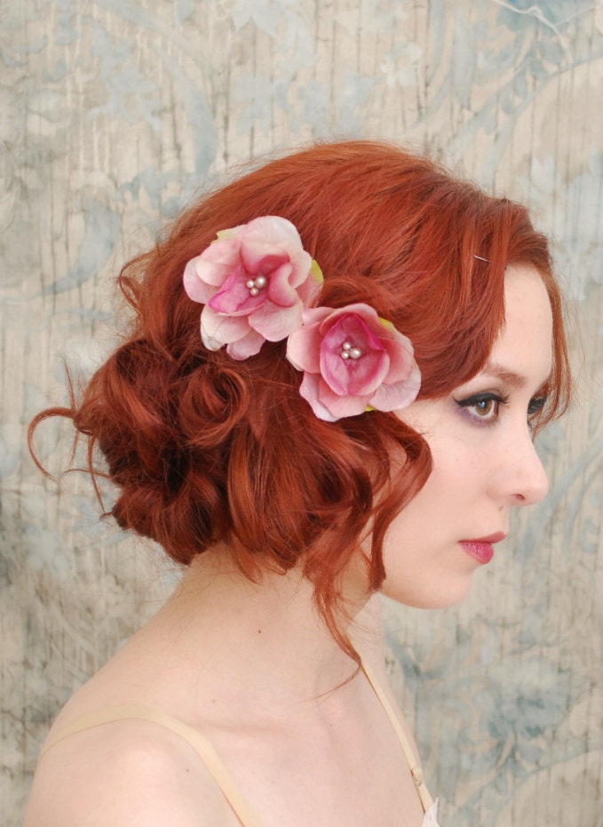Flower bobby pins, pink floral clip set, bridal hair pins, bridesmaid hair accessories - First blush