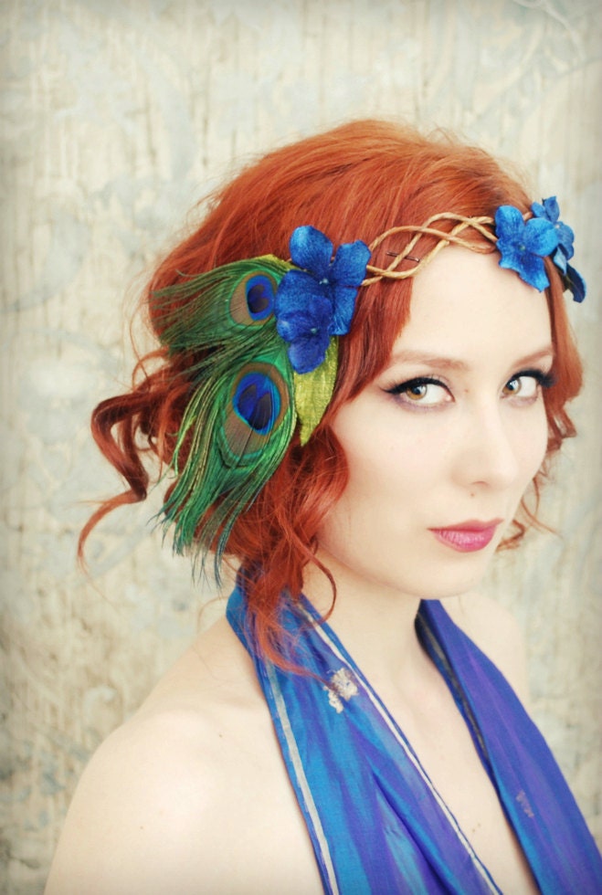 Peacock crown, velvet flower head piece, floral wreath, hair accessories -  Daenerys