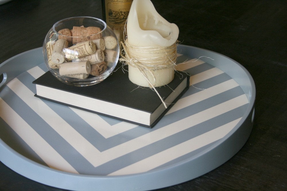 Grey and White Chevron Wood Tray