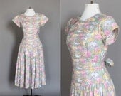 Dress 80s 50s Vintage 1980s does 1950s Floral Garden Party Drop Waist Full Skirt Pastel M L