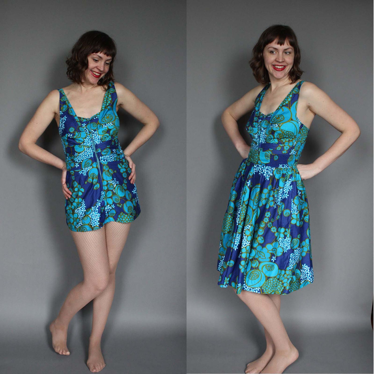 Romper Swimsuit Skirt Set Vintage 60s 70s Hawaiian Floral Print 1960s 1970s Bathing Suit Blue and Green M L