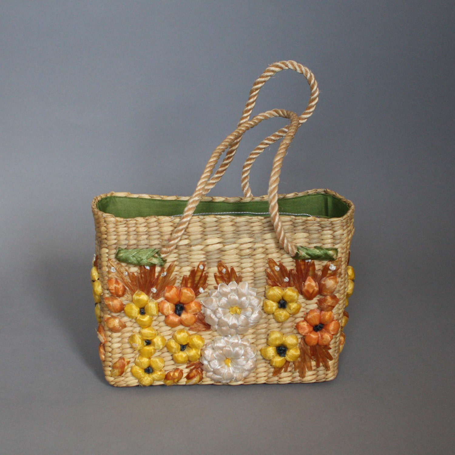 Purse Handbag Vintage Straw Bag with Flowers and Green Lining