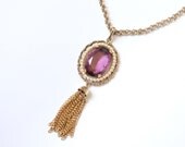Necklace Vintage Tassel Pendant with Large Purple Stone and Pearls Long Gold Tone Chain