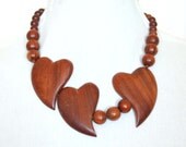 Necklace Vintage Wood Heart Bead Asymmetrical Wooden Statement Bib
