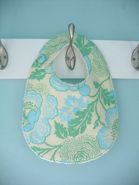 Baby Bib - Girl - Green/ Blue Poppies - velcro closure