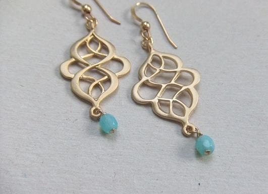 Gold earrings , blue bead ,Waves Golden Dangle Earrings ,Oriental filigree earrings