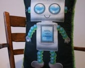 Pillow Cute Robot Green, Blue, and Black with Fuzzy green back