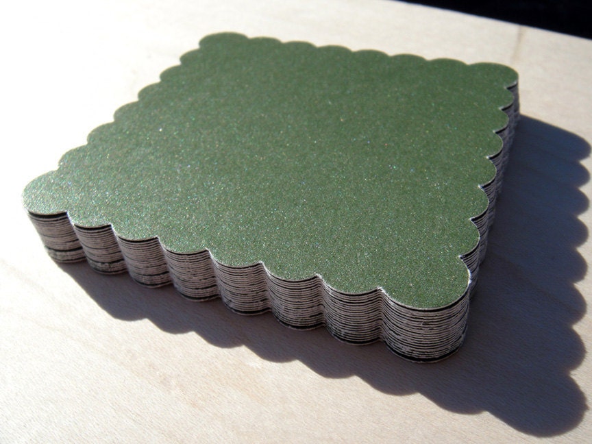 Shimmery Olive Green Scalloped Square Tags - Large - 3" - Set of 24- Great for gifts, labels, product packaging, handmade work...