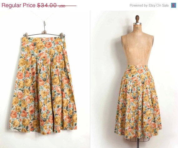 s a l e 1960s skirt  / 60s floral skirt / peach cotton (extra small)