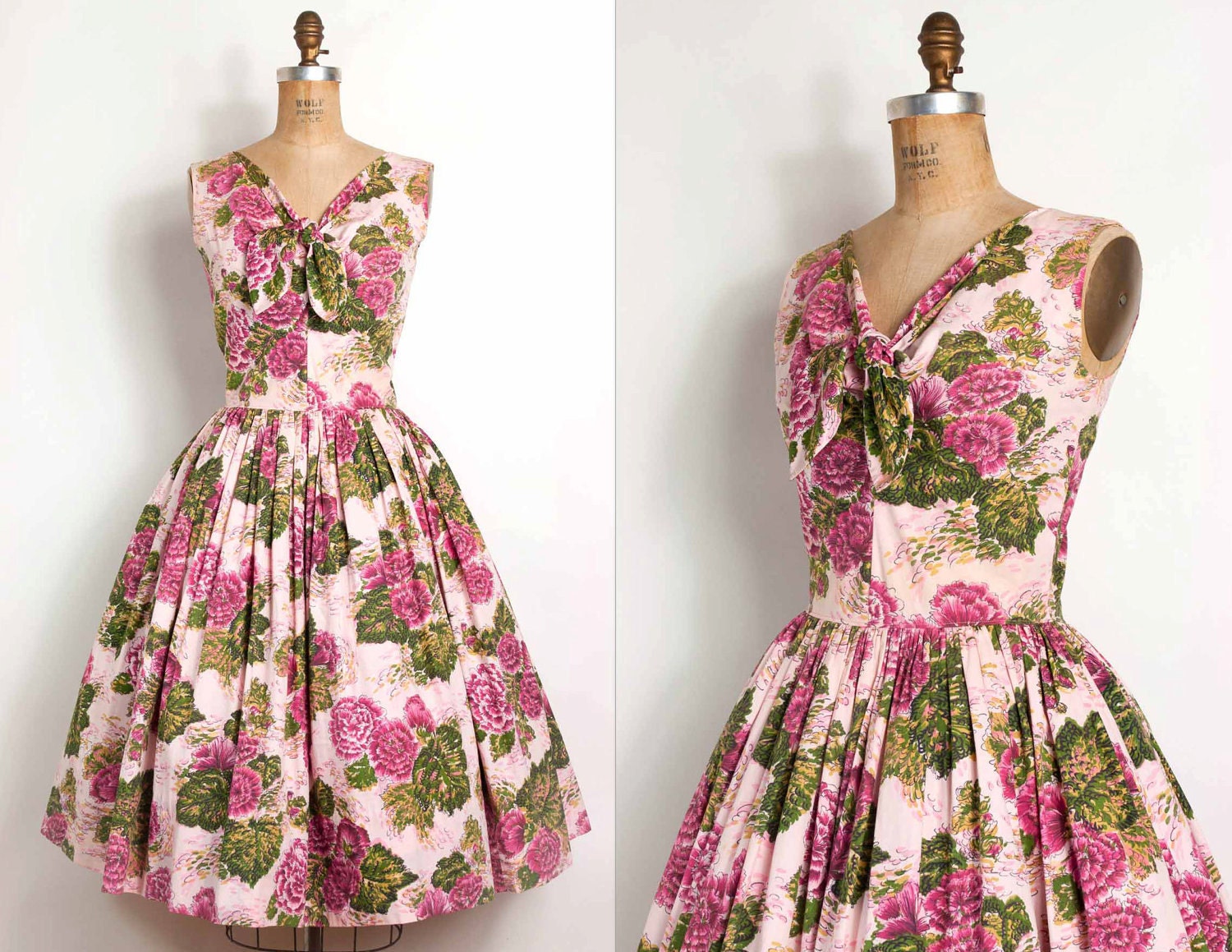 vintage 1950s dress / 50s pink floral cotton party dress (small - medium)