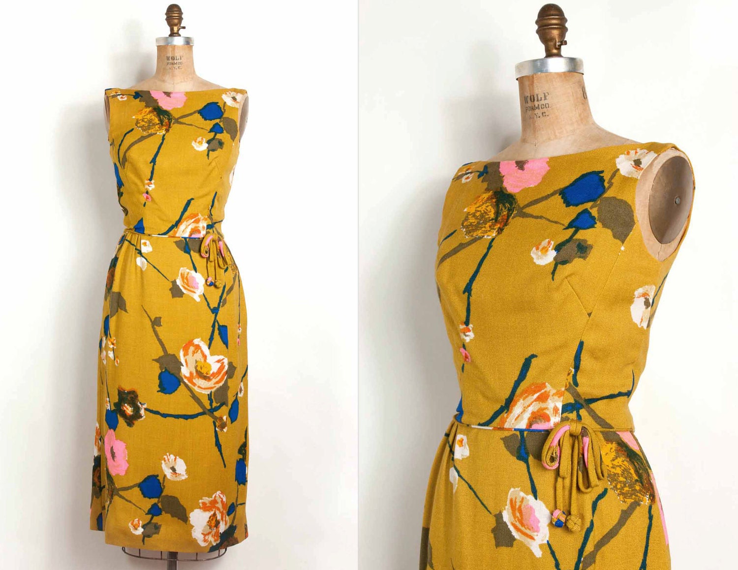 vintage 1960s dress / 60s floral linen mustard maxi dress (small)