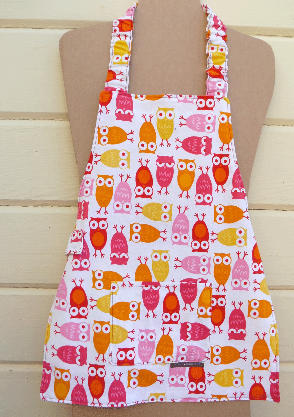 Owl preschool apron in warm tones