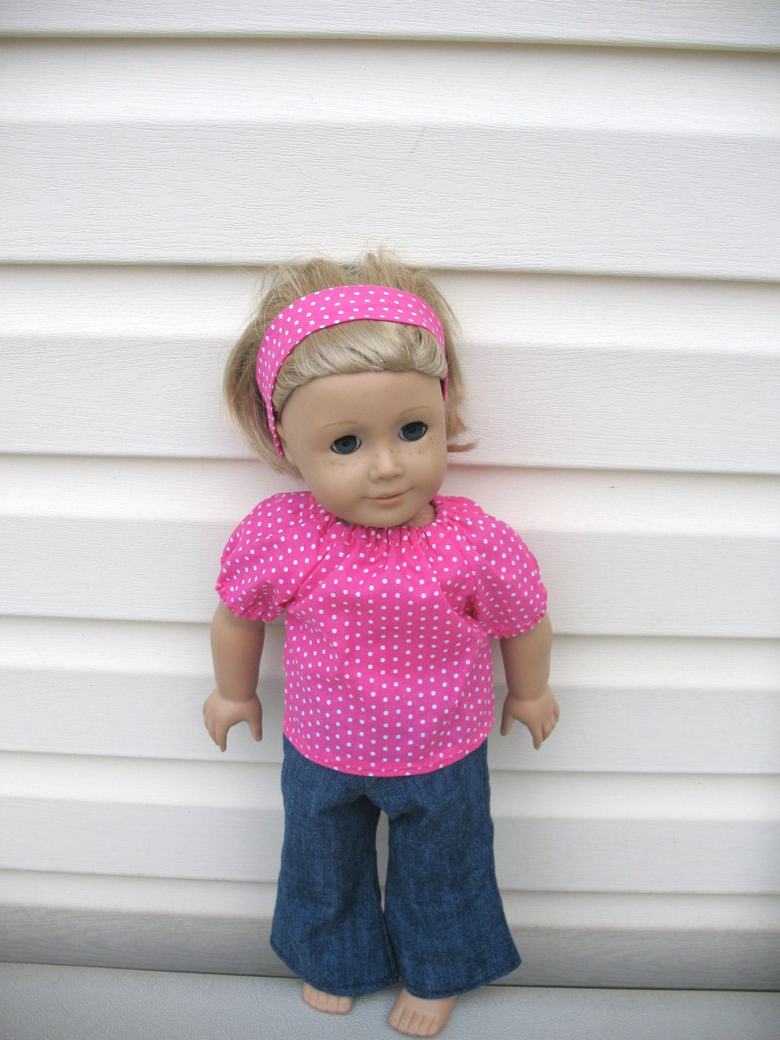 18 Inch American Girl Doll Clothes, Pink with White Polka Dot Peasant Shirt and Boot Cut Flared Jean Pants