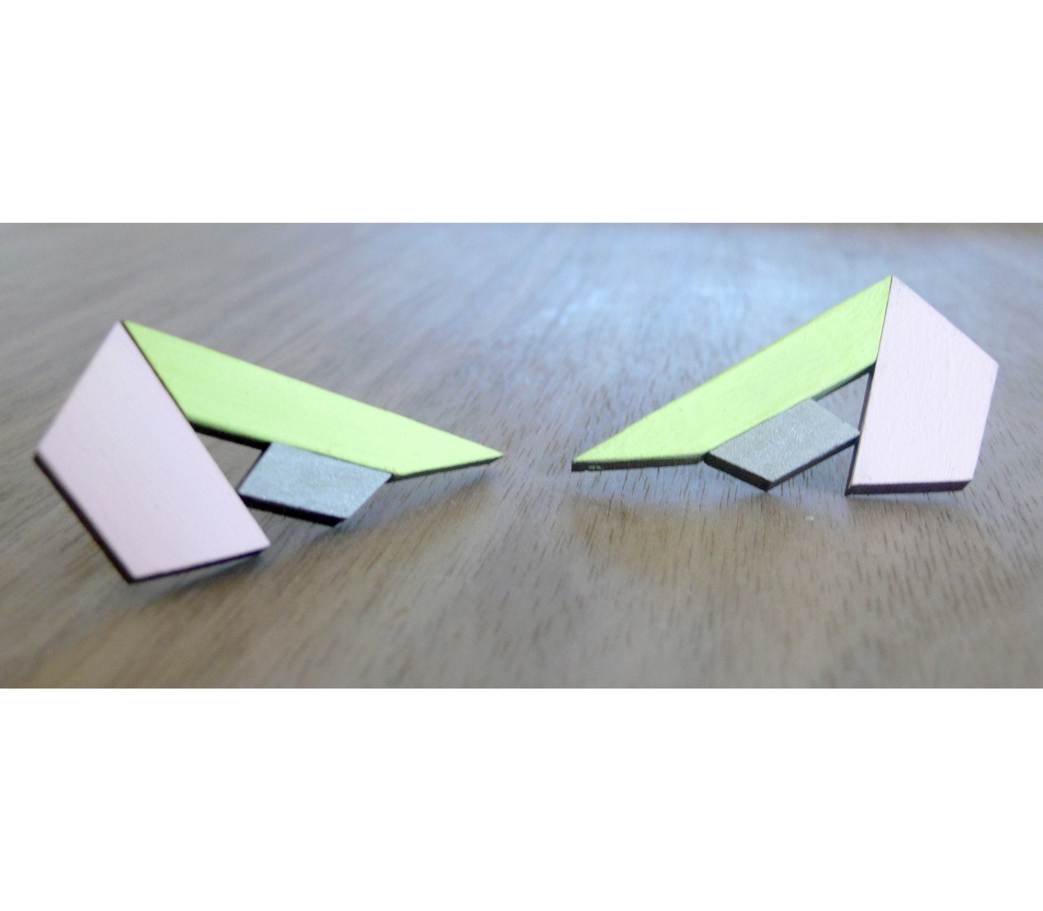 Tangram Stud Earrings - Pink, Silver & Neon Yellow