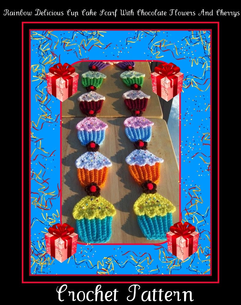 Rainbow Delicious Cup Cake Scarf With Chocolate Flowers And Cherrys