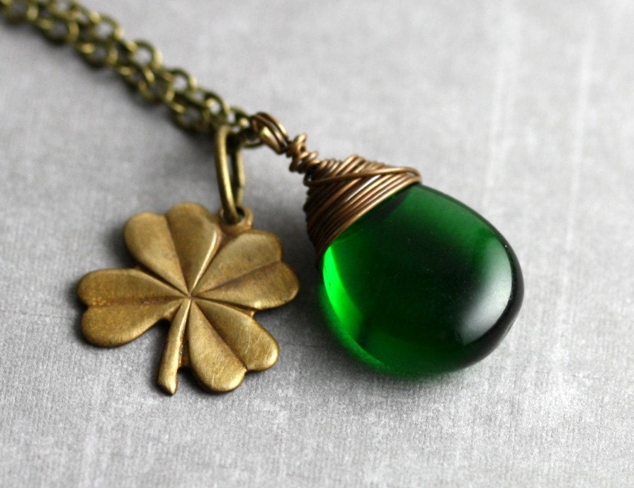 Green Lucky Shamrock Necklace - Four Leaf Clover Charm, Emerald Green Czech Glass, Antique Brass, Irish