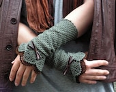 Lace Hunting  - crocheted open work lacy romantic wrist warmers cuffs valentine's gift spring fashion in olive and dark brown