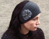 Gray Rose -  crocheted headband ear warmer with big flower brooch