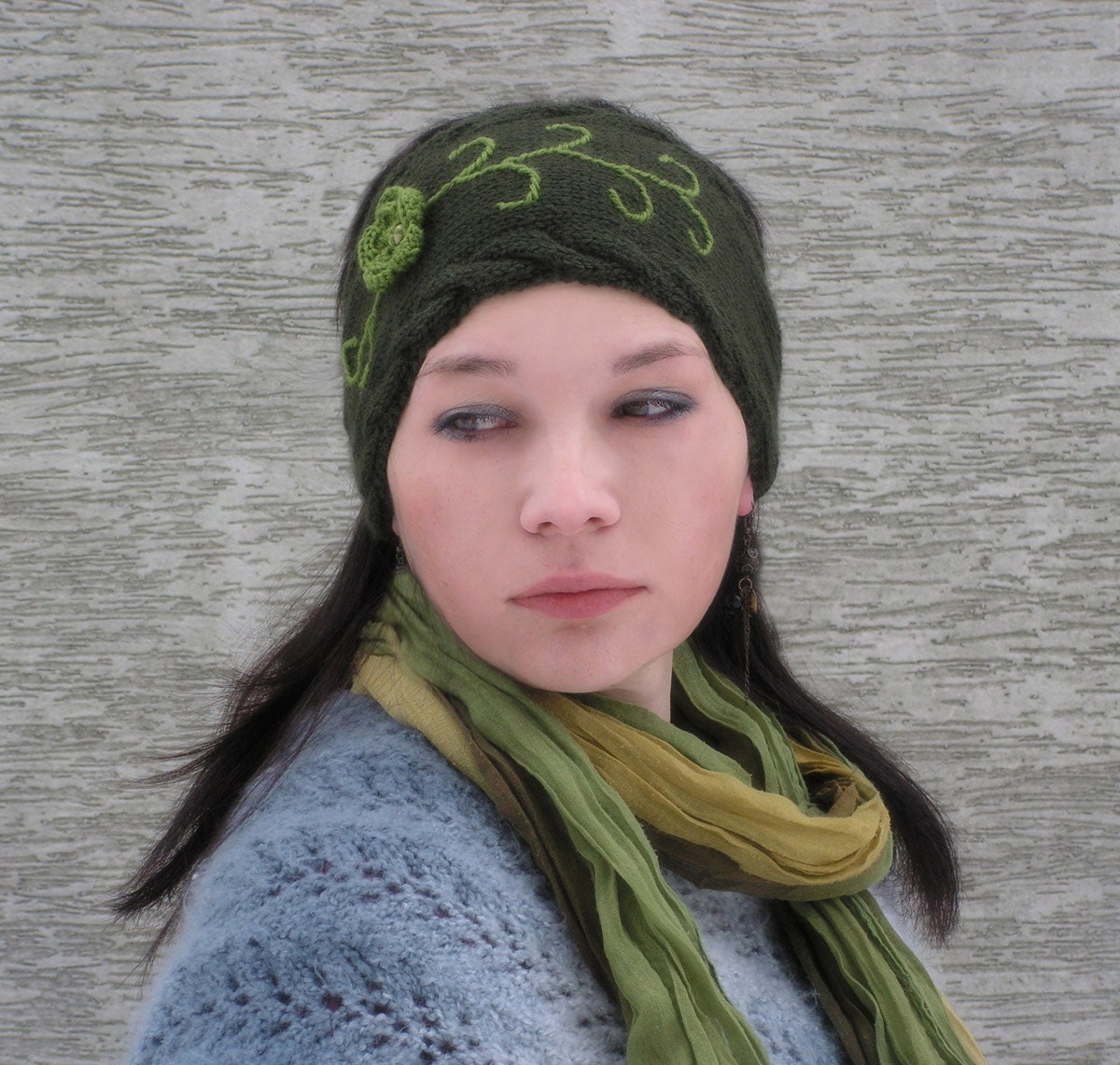 Olive and Green - hand knitted decorated headband ear warmer with crocheted flower