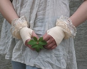Eleni - crocheted open work layered bridal wedding rustic mittens wrist warmers cuffs