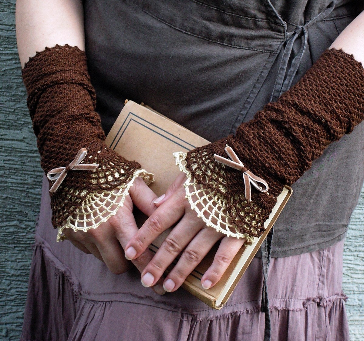 Miss Eyre - crocheted open work lacy romantic fall fasion wrist warmers cuffs in brown and beige