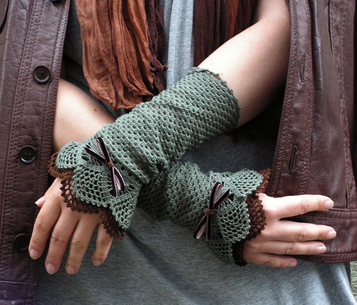 Lace Hunting  - crocheted open work lacy romantic wrist warmers cuffs valentine's gift spring fashion in olive and dark brown