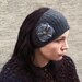 Gray Rose -  crocheted headband ear warmer with big flower brooch