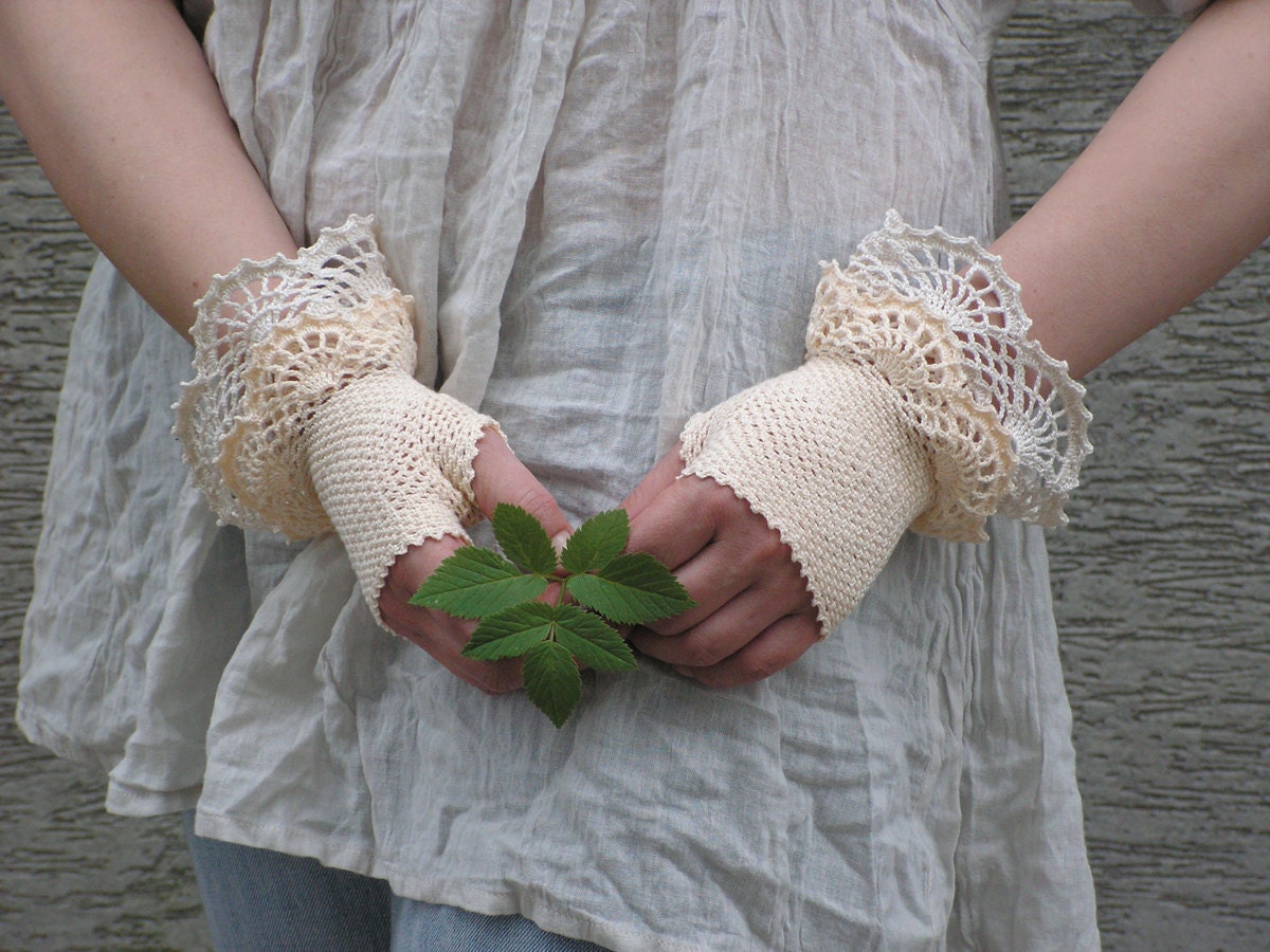 Eleni - crocheted open work layered bridal wedding rustic mittens wrist warmers cuffs