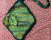 Hand made, mohair and wool knitted purse or bag, geen diamond shape, embellished and lined.